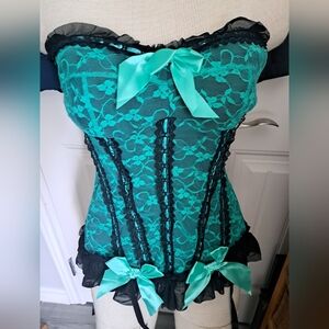 JUST SEXY intimate Emerald lace bustier thong corset garter straps lingerie LG